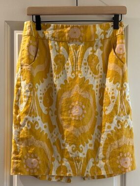 J. Crew Yellow Printed A-Line Skirt with Pale Pink Accents